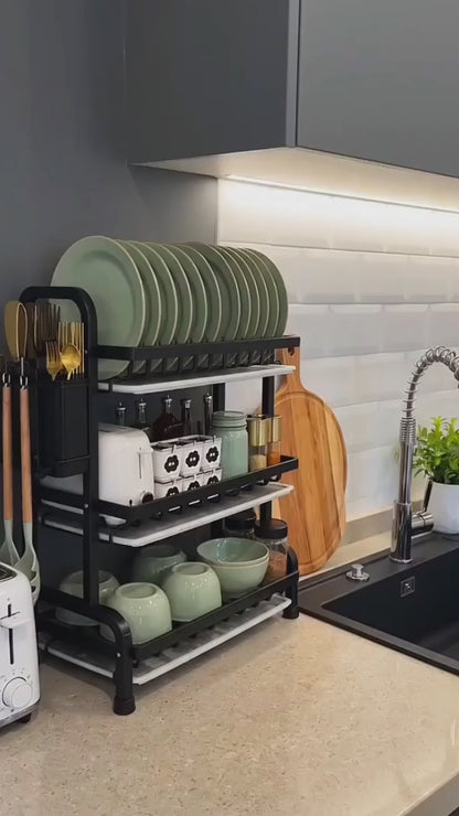 3-Tier Kitchen Dish Drying Rack with Utensil Holder & Drain Trays