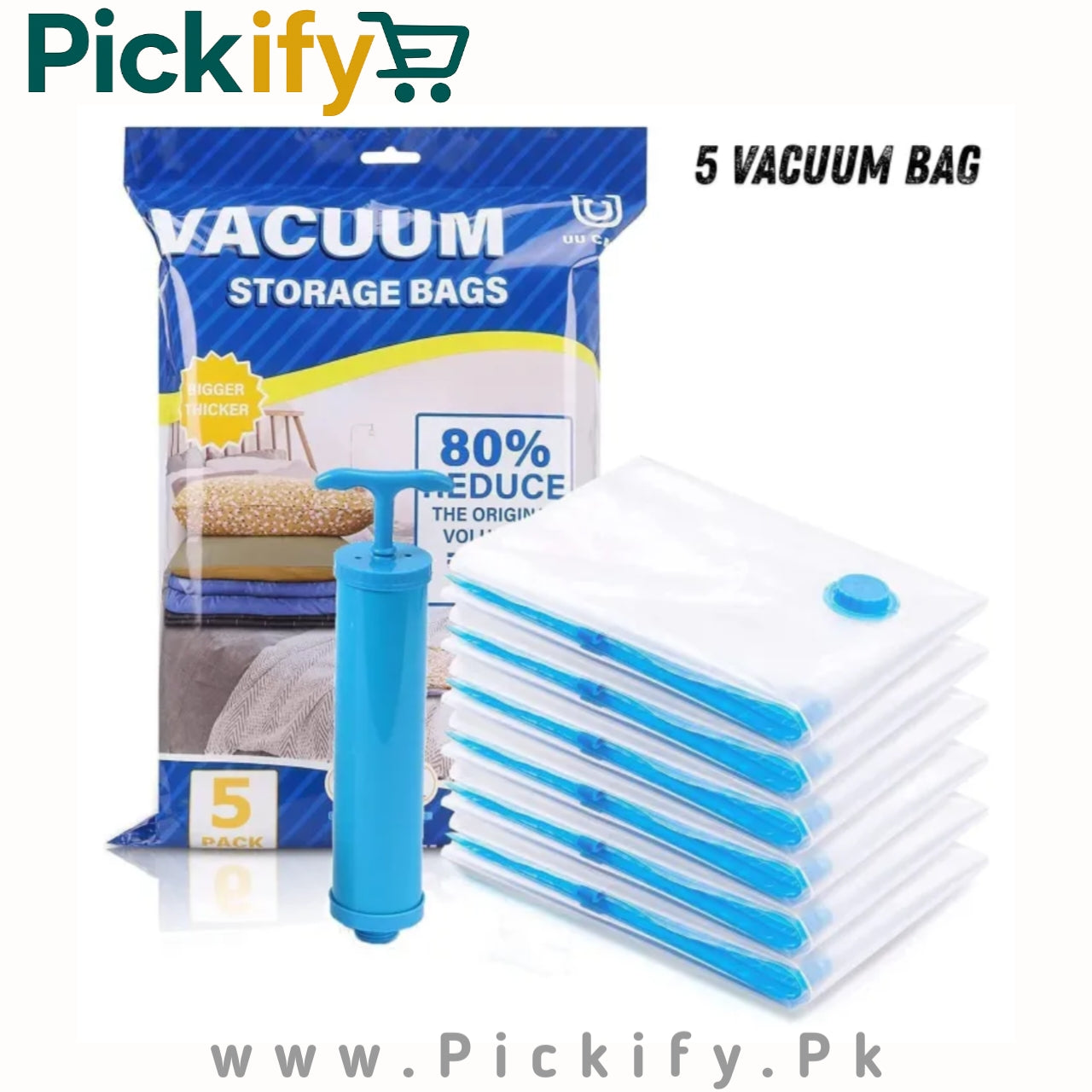 5-Piece Vacuum Storage Bags, With Manual Hand Pump