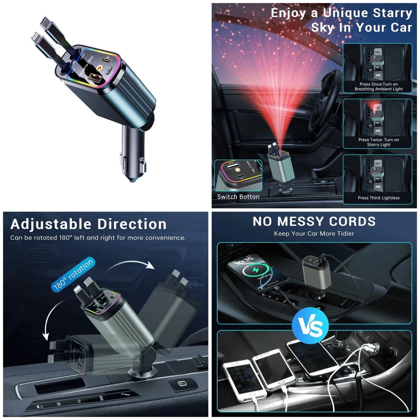 4-in-1 Retractable Car Charger – Fast Charging With RGB Light
