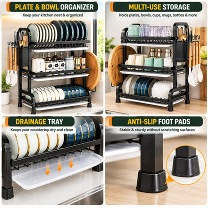 3-Tier Kitchen Dish Drying Rack with Utensil Holder & Drain Trays