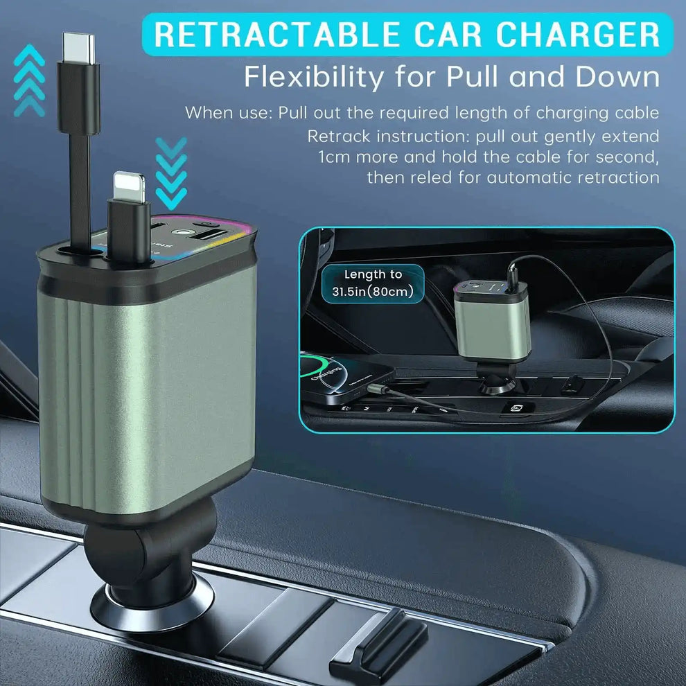 4-in-1 Retractable Car Charger – Fast Charging With RGB Light