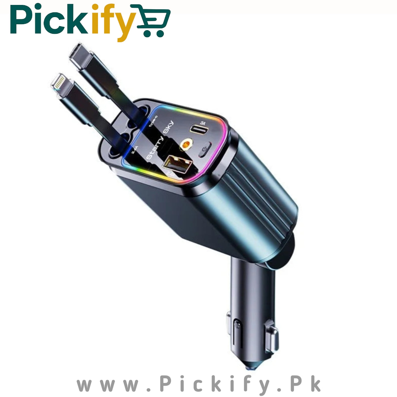 4-in-1 Retractable Car Charger – Fast Charging With RGB Light