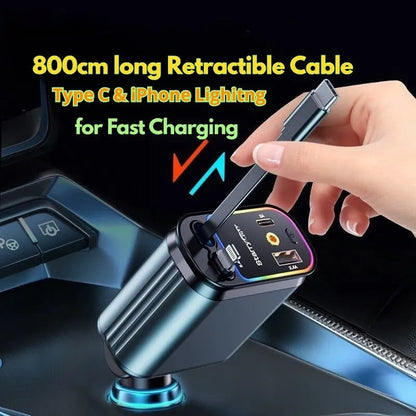 4-in-1 Retractable Car Charger – Fast Charging With RGB Light