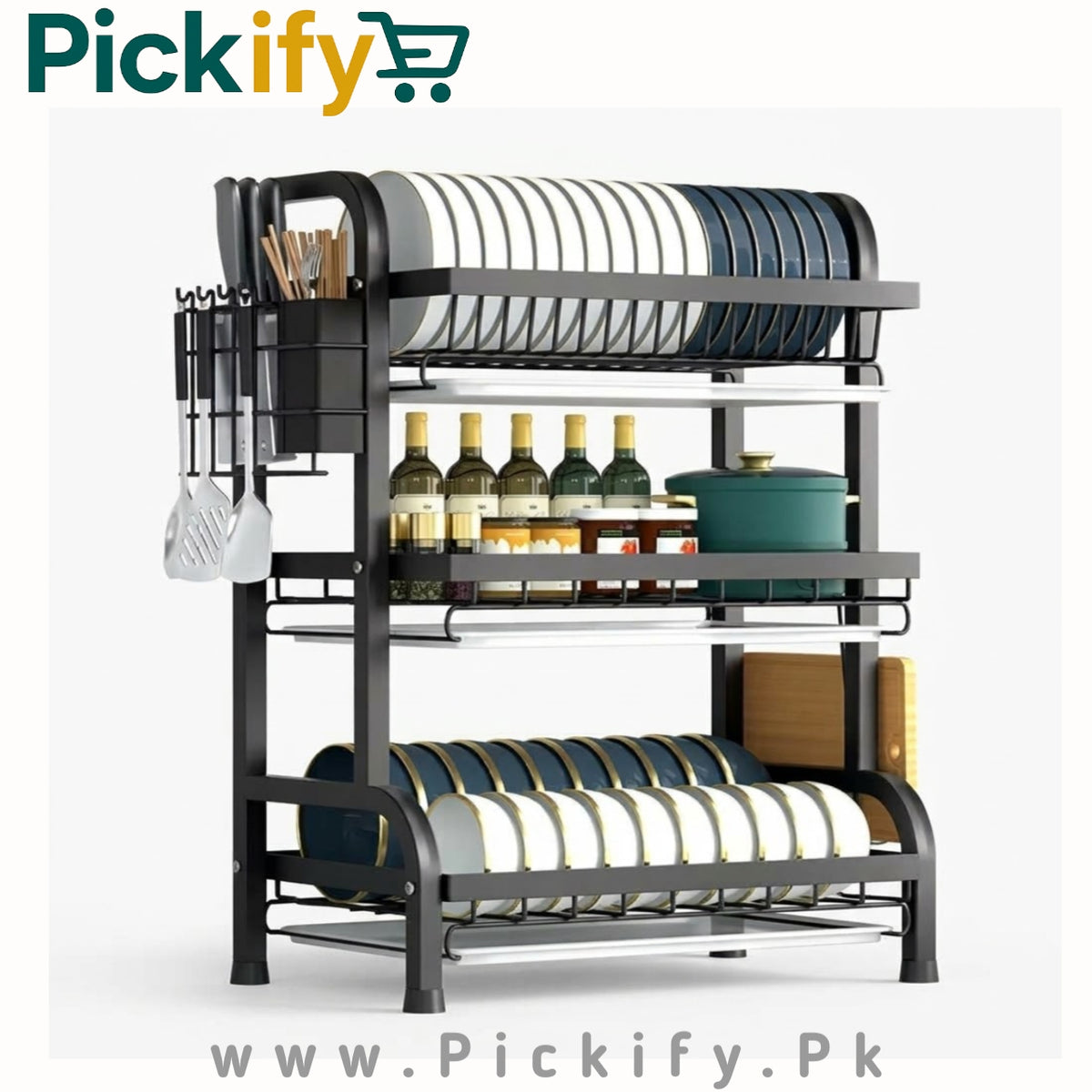 3-Tier Kitchen Dish Drying Rack with Utensil Holder & Drain Trays