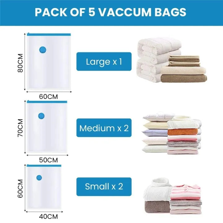 5-Piece Vacuum Storage Bags, With Manual Hand Pump