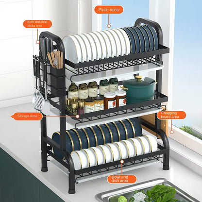 3-Tier Kitchen Dish Drying Rack with Utensil Holder & Drain Trays