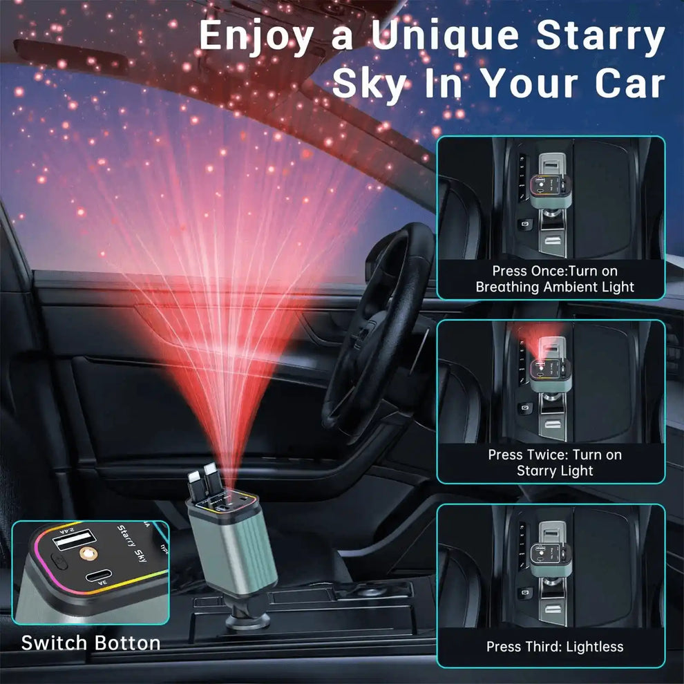 4-in-1 Retractable Car Charger – Fast Charging With RGB Light
