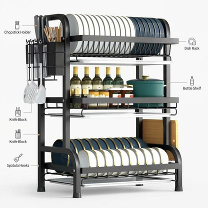 3-Tier Kitchen Dish Drying Rack with Utensil Holder & Drain Trays